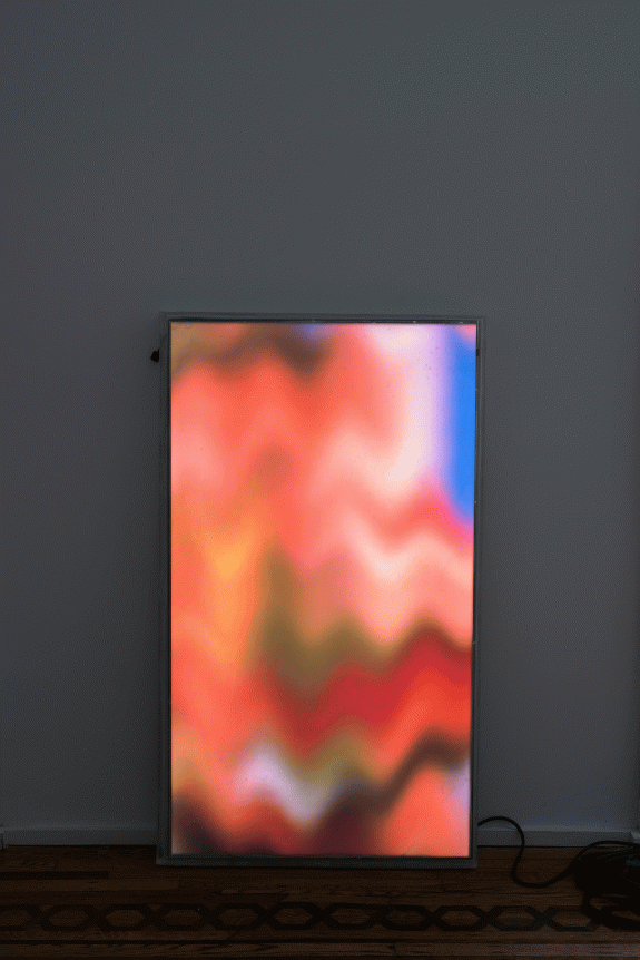 Luca Dellaverson "Independence Day", 2015 Epoxy, plexi glass, LCD monitor, and pirated digital file 41-1/2 x 24-1/2 x 1-1/2 inches