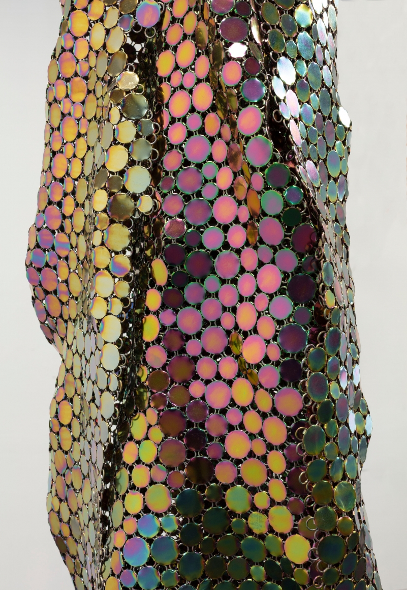 Alyson Shotz, Intricate Metamorphosis #5 (detail), 2020, plated carbon steel, 128 x 13 x 15 inches