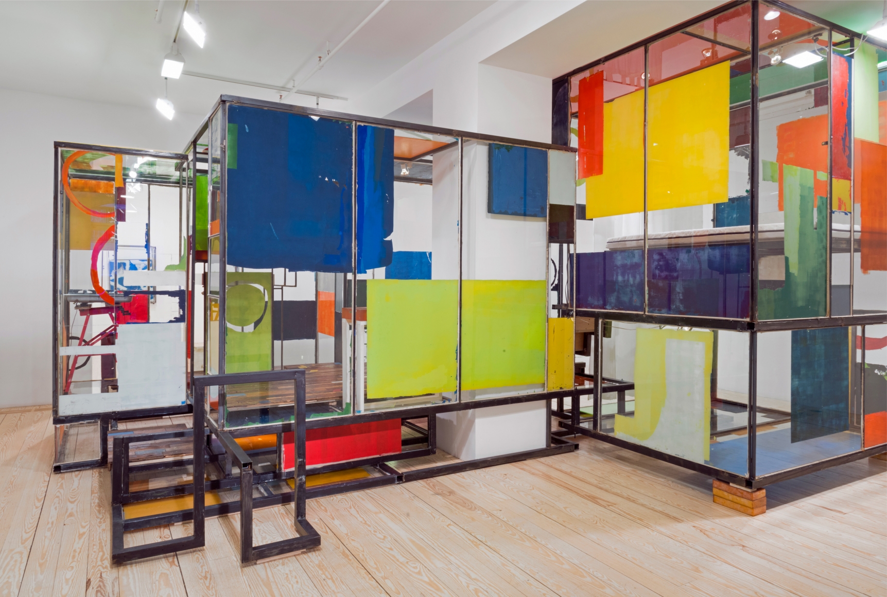 Good Weather (Glass House), 2014, glass, steel, screenprint ink, acrylic and latex paint, construction adhesive, wood floor, lights, wires