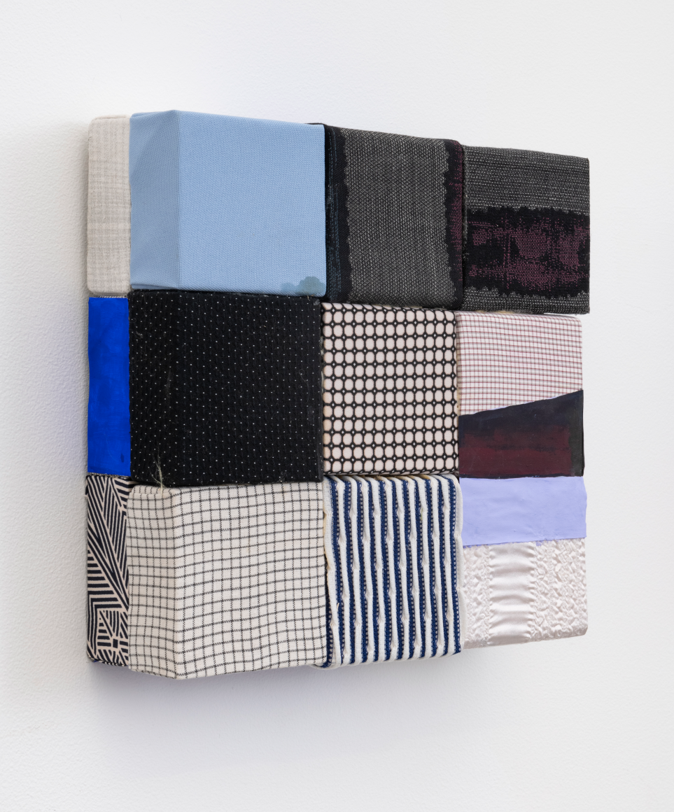 Almost black and white, 2019, wooden blocks, grid shirt fabric, dress fabric, paper, Flashe acrylic