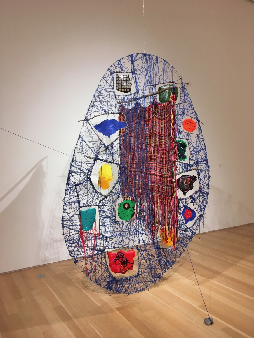 Satellite, 2016, Metal, yarn, thread, wood, acrylic polymer, rocks, mylar