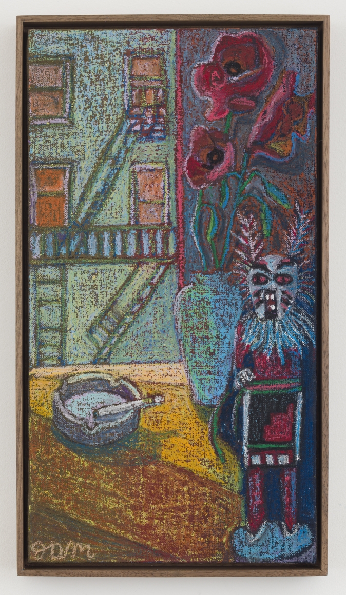 NYC Fire Escape Painting with Kachina Doll, 2018, oil stick, oil pastel & Flashe on linen