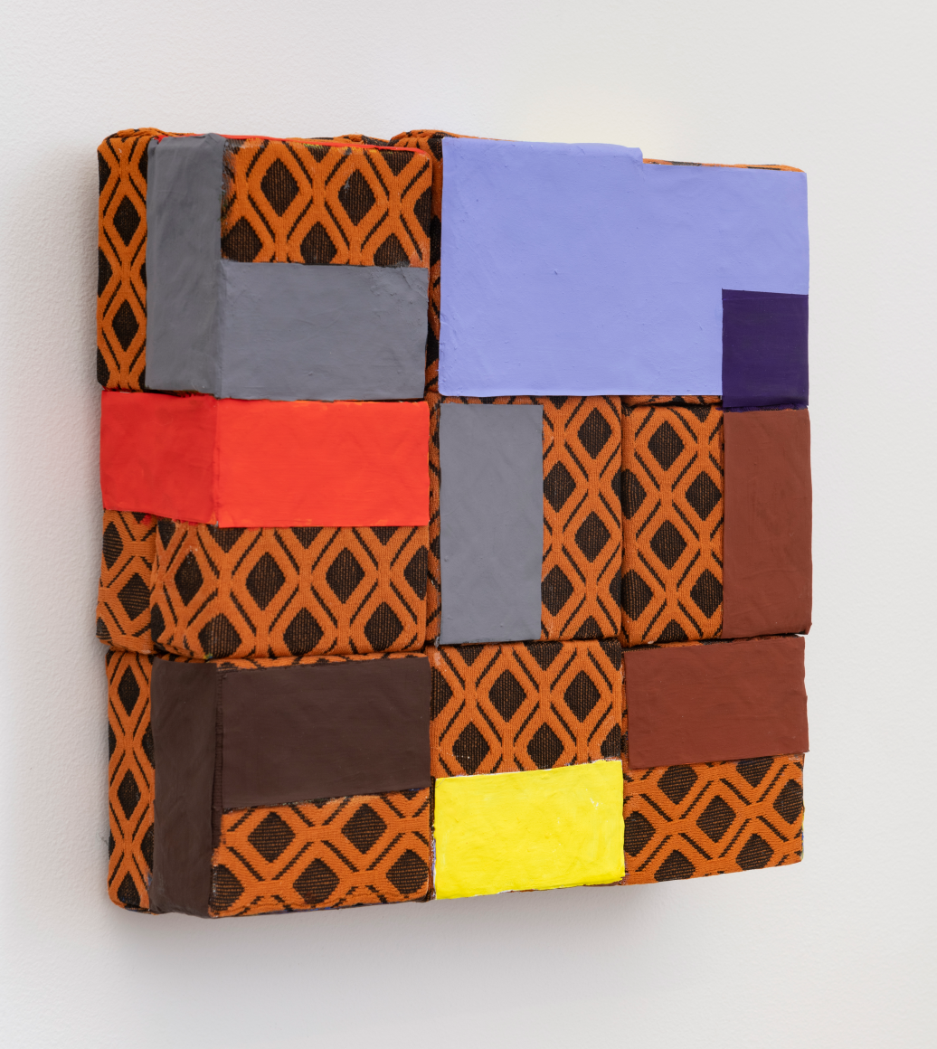 2 Large purple squares, 2020, wooden blocks, polyester fabric, paper, Flashe acrylic