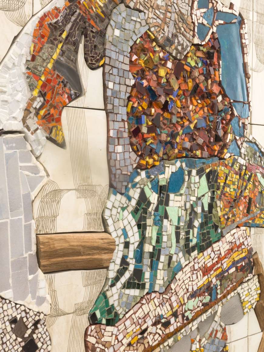 Sister Ray, 2016, Smalti, natural stones, fired and glazed ceramics, lithographic stones, glass, plaster, grout, artist oak frame