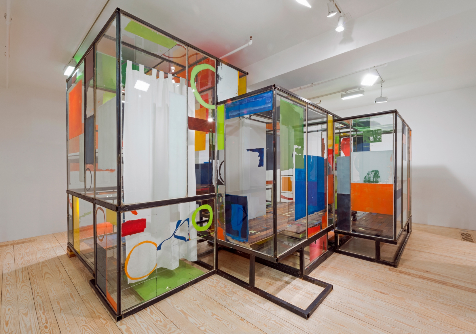 Good Weather (Glass House), 2014, glass, steel, screenprint ink, acrylic and latex paint, construction adhesive, wood floor, lights, wires