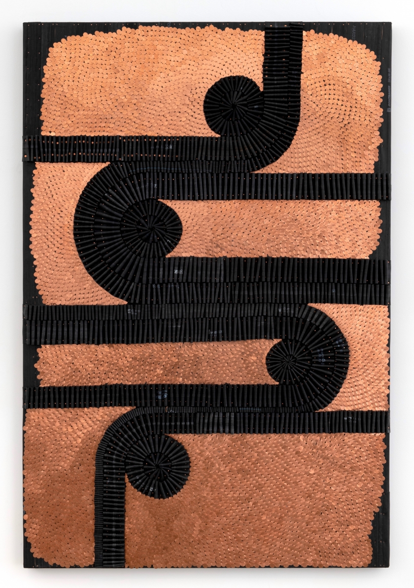 Alyson Shotz, Chronometer #2, 2020, recycled rubber bicycle inner tubes, copper nails, punched copper, wood, 72 x 48 x 3.25 inches