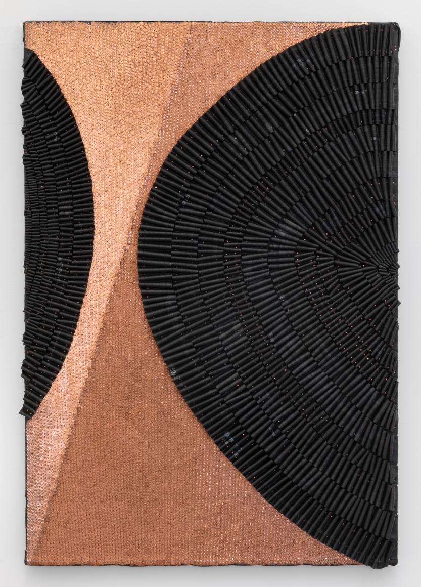 Alyson Shotz, Untitled, 2020, recycled rubber bicycle inner tubes, copper washers, copper nails, wood, 48 x 33 x 3 inches