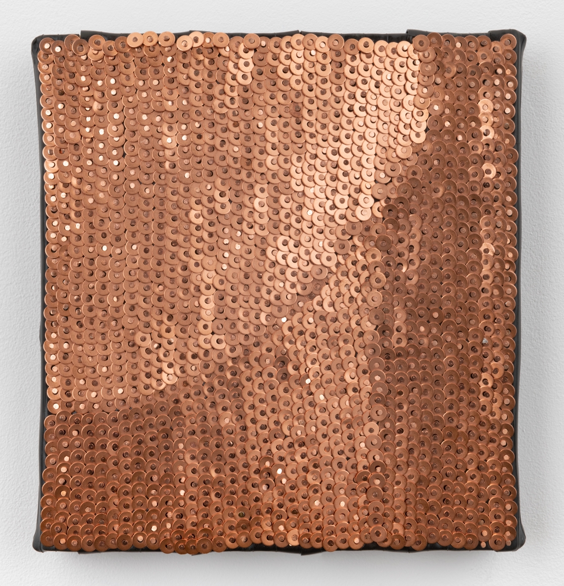 Alyson Shotz, Untitled, 2020, recycled rubber bicycle inner tubes, copper washers, copper nails, wood, 12.125 x 11.5 x 1.75 inches