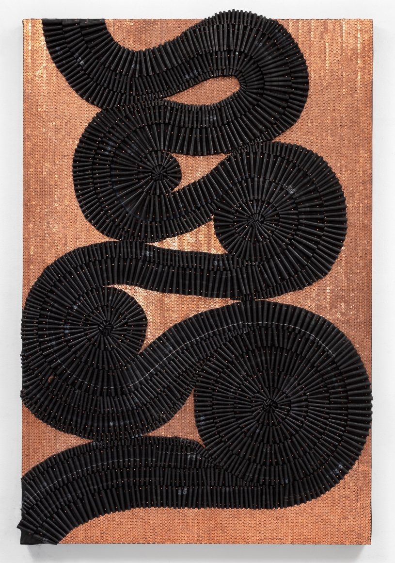 Chronometer, 2020, recycled rubber bicycle inner tubes, copper nails, copper washers, wood