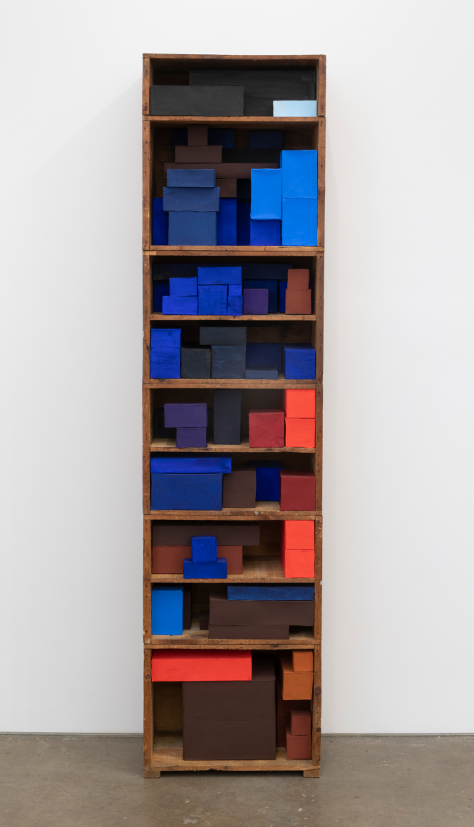 Mostly blue, for E.G., 2020, wooden boxes, cardboard boxes, paper, Flashe acrylic