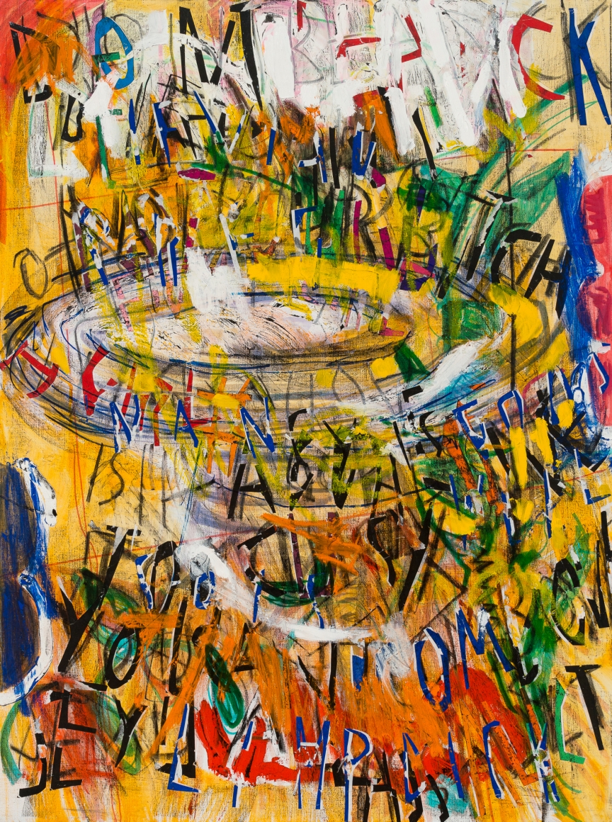 Women's March, 2019, marker, acrylic, chalk and collage on linen
