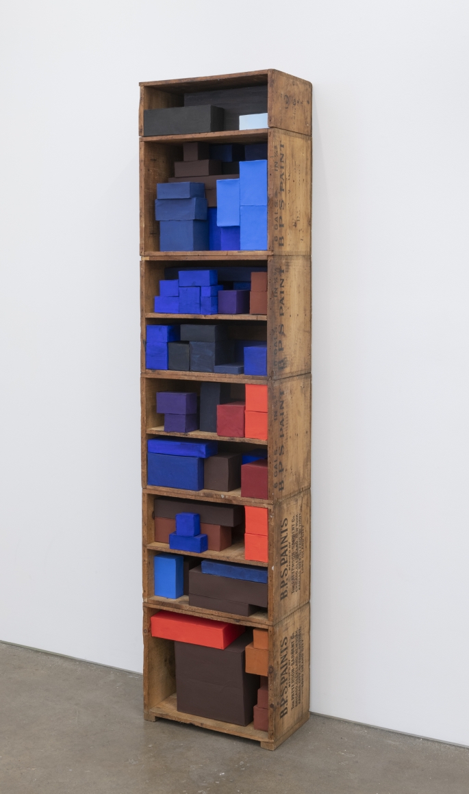 Mostly blue, for E.G., 2020, wooden boxes, cardboard boxes, paper, Flashe acrylic 