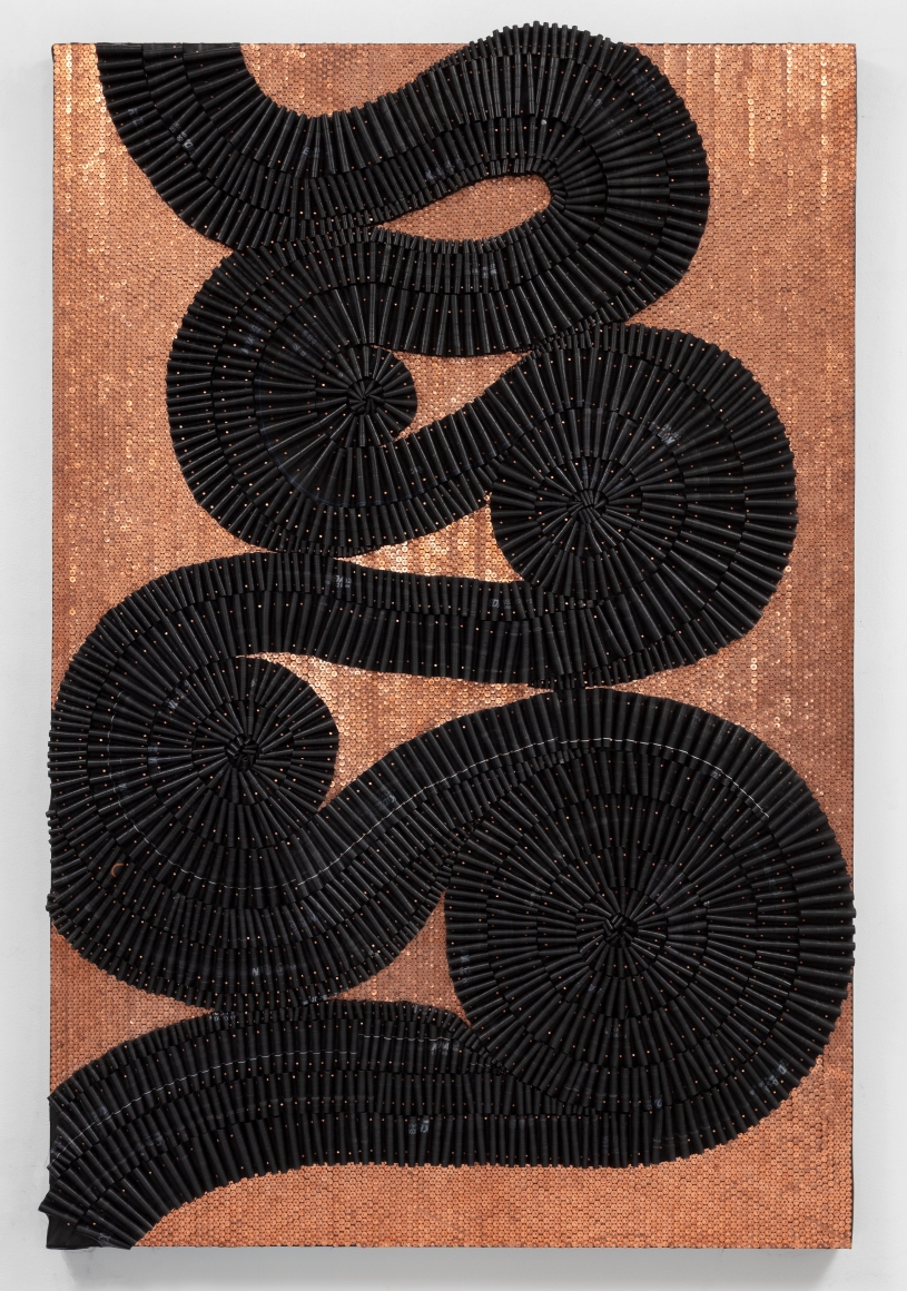 Alyson Shotz, Chronometer, 2020, recycled rubber bicycle inner tubes, copper nails, copper washers, wood, 73 x 48.5 x 3.25 inches