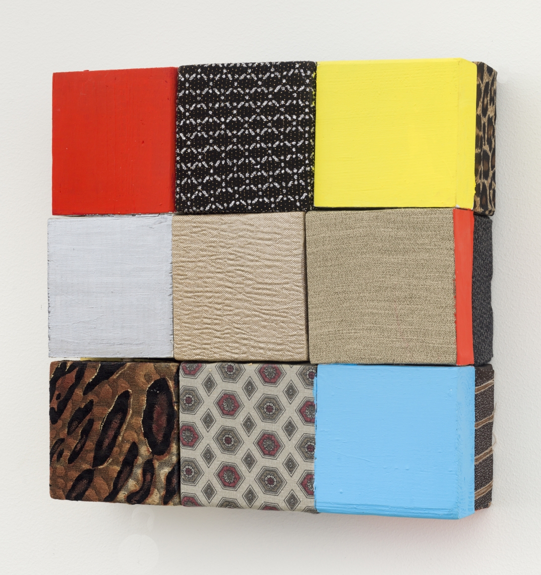 Ladies' Red, Yellow, Blue, 2016, Wooden blocks, dress fabric, Flashe acrylic, house paint