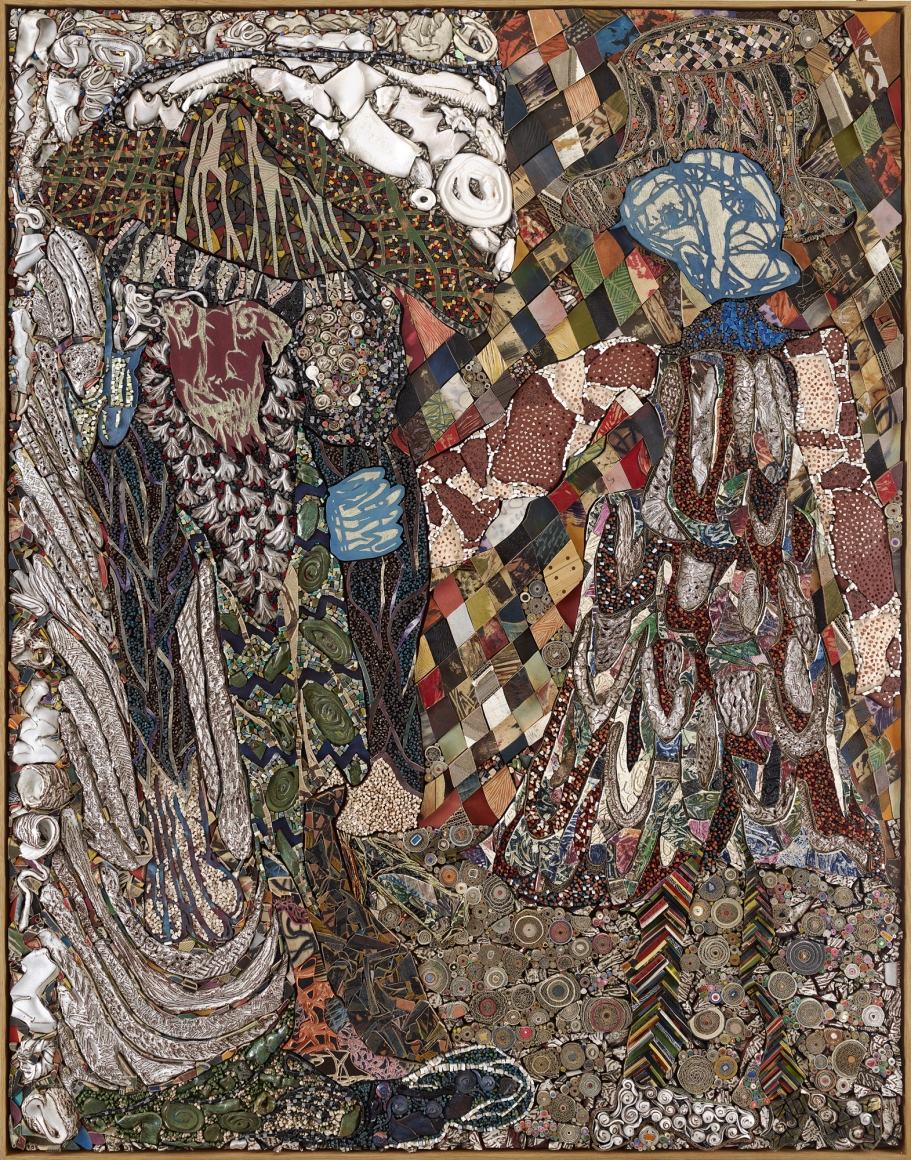 And Ever I Shall be the Same to You, as You Will be the Same to Me, 2019, fired and glazed ceramics, various kinds of treated wood, various kinds of fabric, cardboard, paper, linen, color pencils, plaster, stain, gold and silver leaf, reconditoned copper etching plates, printing ink, porcelain, natural stones, copper leaf, schellack, paintbrushes, glass rods, colored glass, on board 