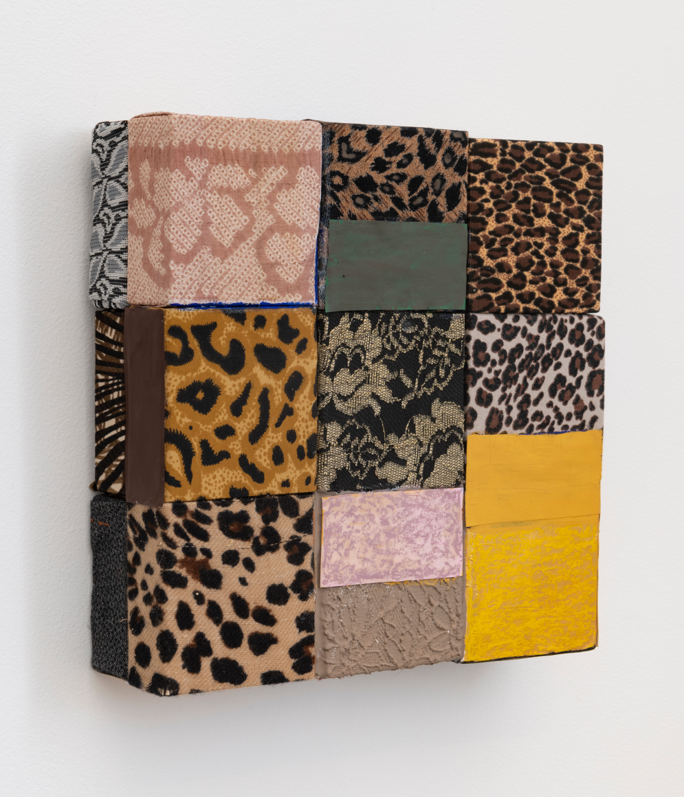 A surfeit of tawny, 2019, wooden blocks, dress fabric, paper, Flashe acrylic, oil pastel
