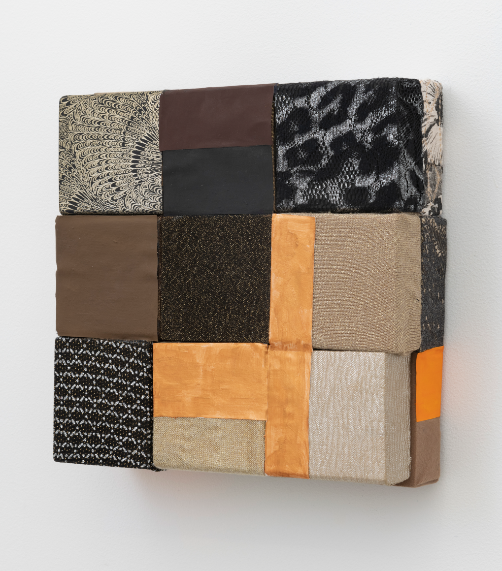 Black and Gold, 2019, wooden blocks, dress fabric, paper, Flashe acrylic