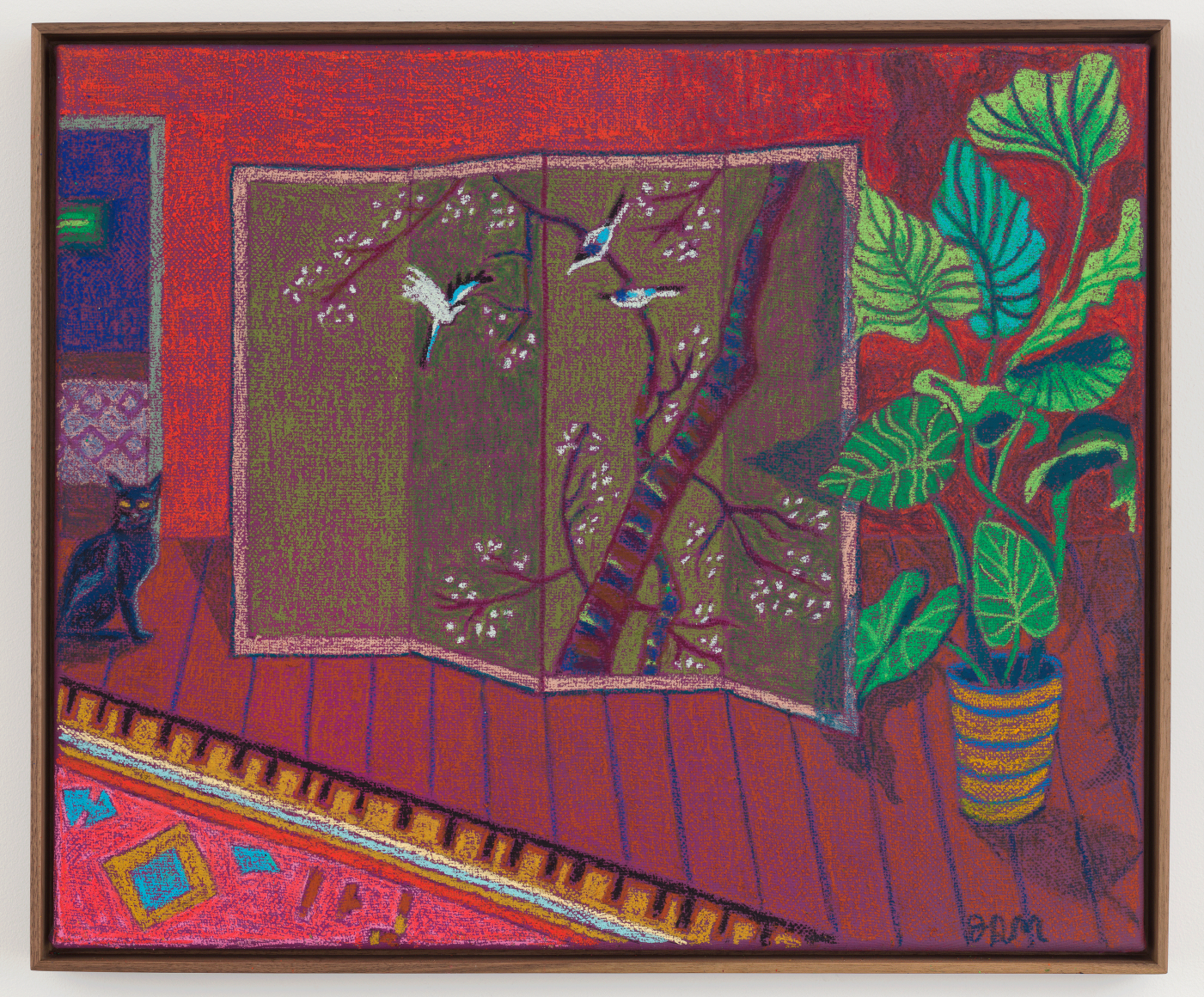 Room with Cherry Blossom Screen & Moroccan Rug, 2019, oil stick, oil pastel & Flashe on upholstery fabric