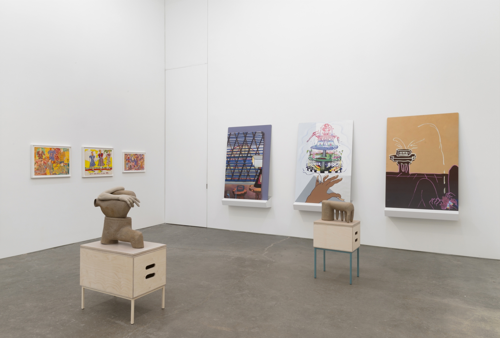 Genesis Belanger, Melissa Brown, Roy De Forest, Mimi Gross, curated by Dan Nadel, installation view at Derek Eller Gallery, New York