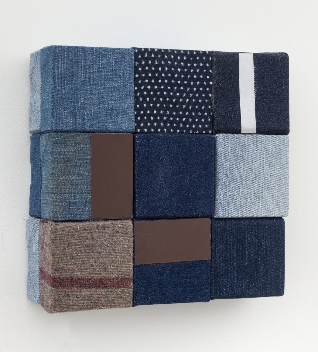 Aspects of denim #3, 2016, wooden blocks, denim, work clothes, Japanese fabric, paper, Flashe acrylic