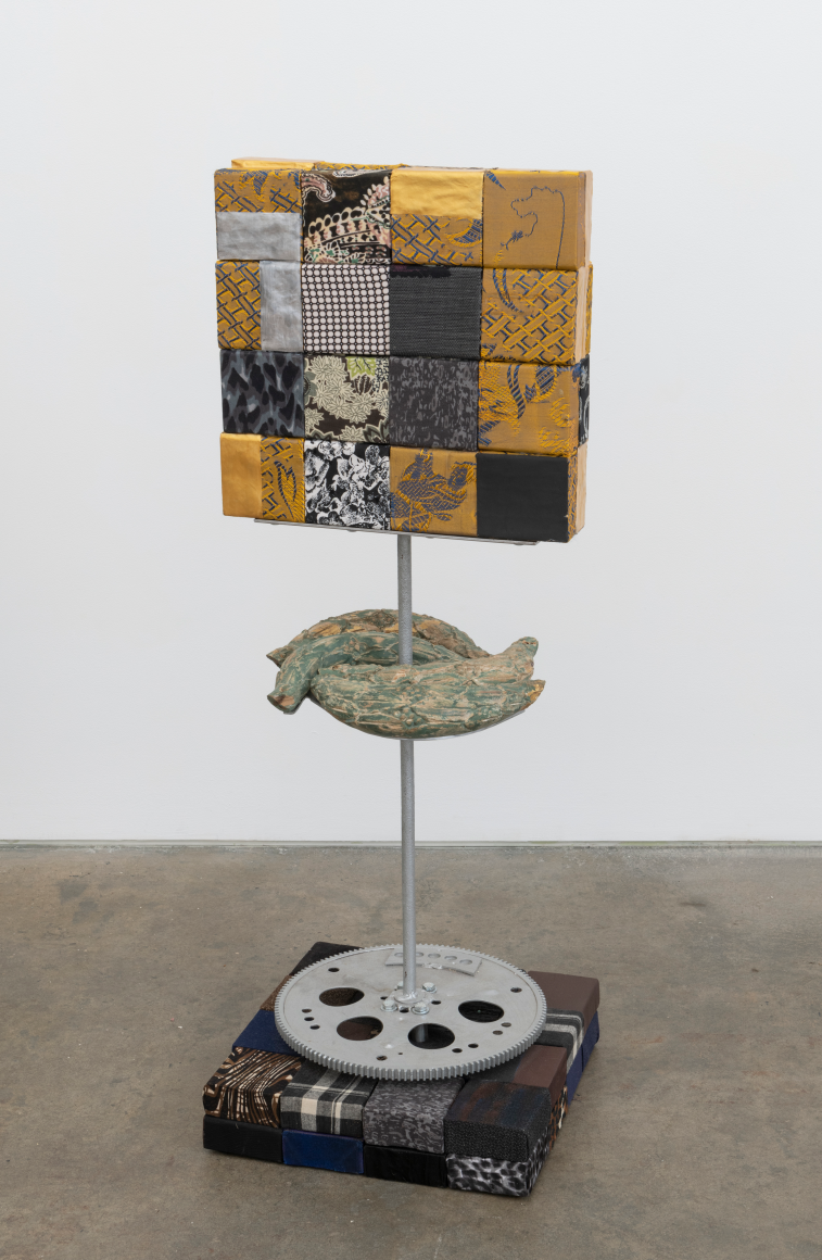 Fishes: Silver and Gold, 2019, metal, decorative wooden handles, wooden blocks, dress fabric, paper, Flashe acrylic