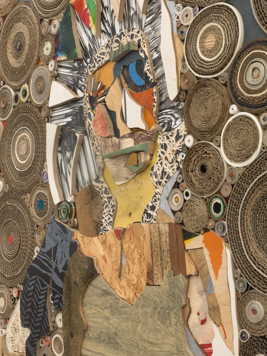 Penthesilea, the Amazonian Queen, 2016, treated wood, cardboard, card, paper, linen, cotton duck canvas, glass, smalti, colour pencils, wood stain, on plywood panel, artist oak frame