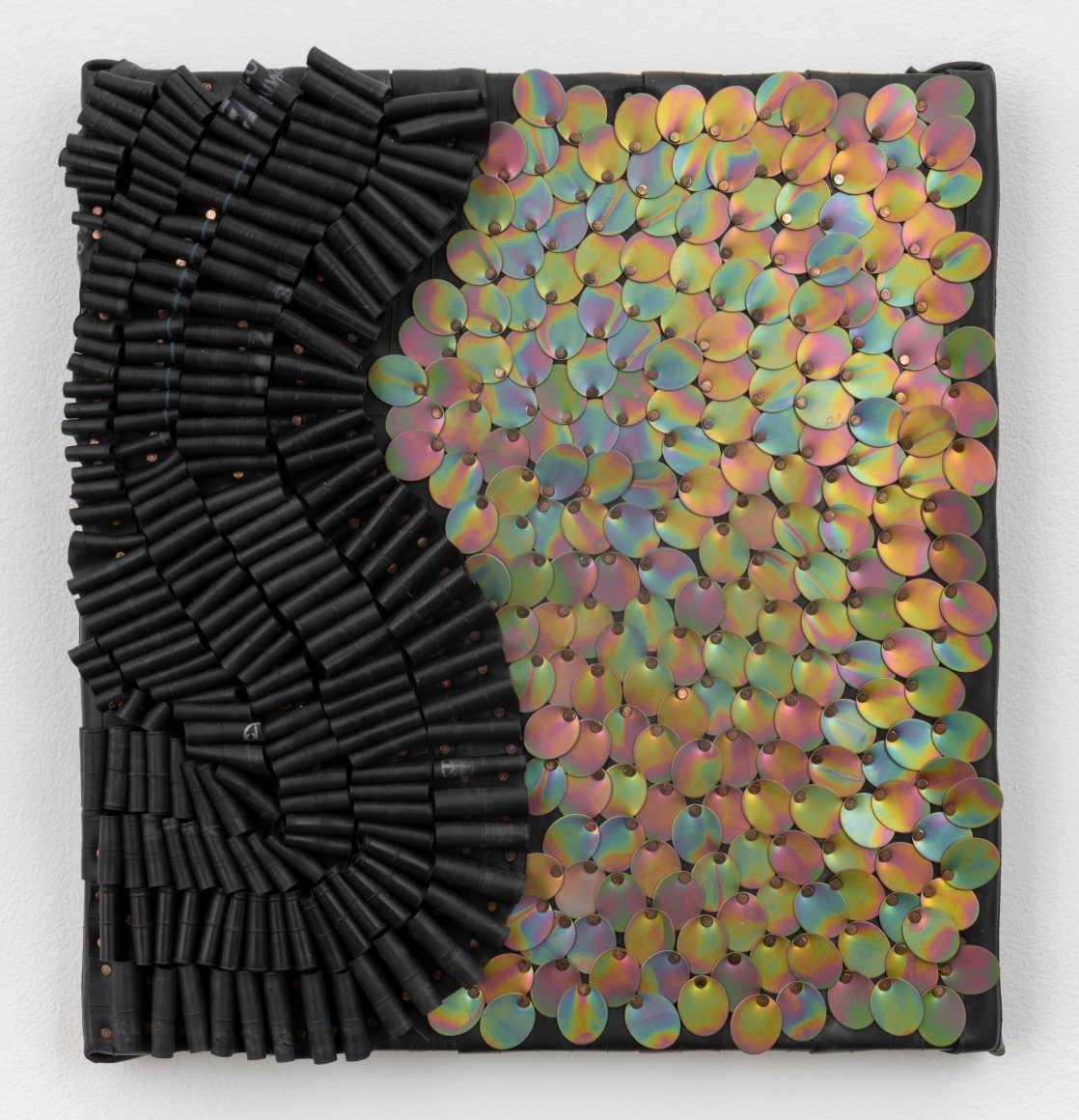 Alyson Shotz, Untitled, 2020, recycled rubber bicycle inner tubes, plated carbon steel, copper nails, wood, 12.25 x 11.5 x 1.5 inches