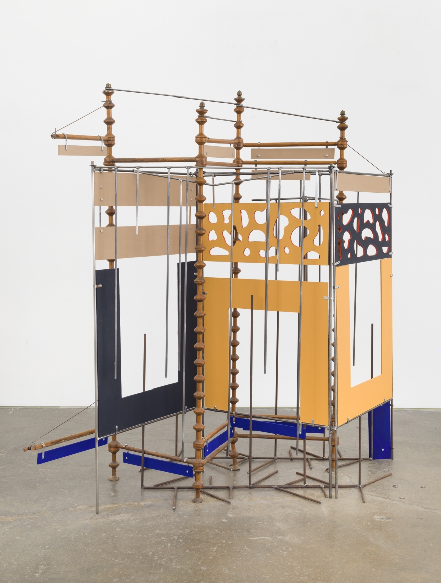 Drawing #30 - Light and Air, 2017-18, found spool structures, metal rods, wire, masonite panels