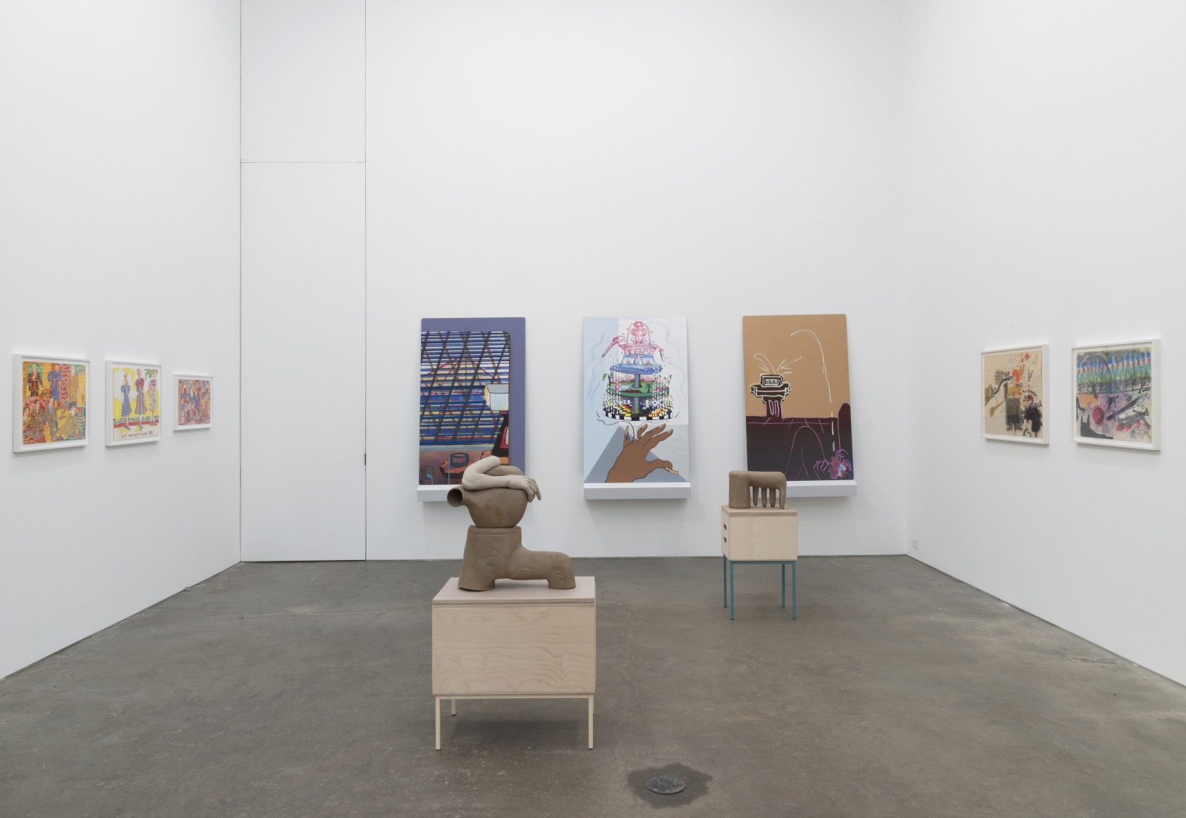 Genesis Belanger, Melissa Brown, Roy De Forest, Mimi Gross, curated by Dan Nadel, installation view at Derek Eller Gallery, New York