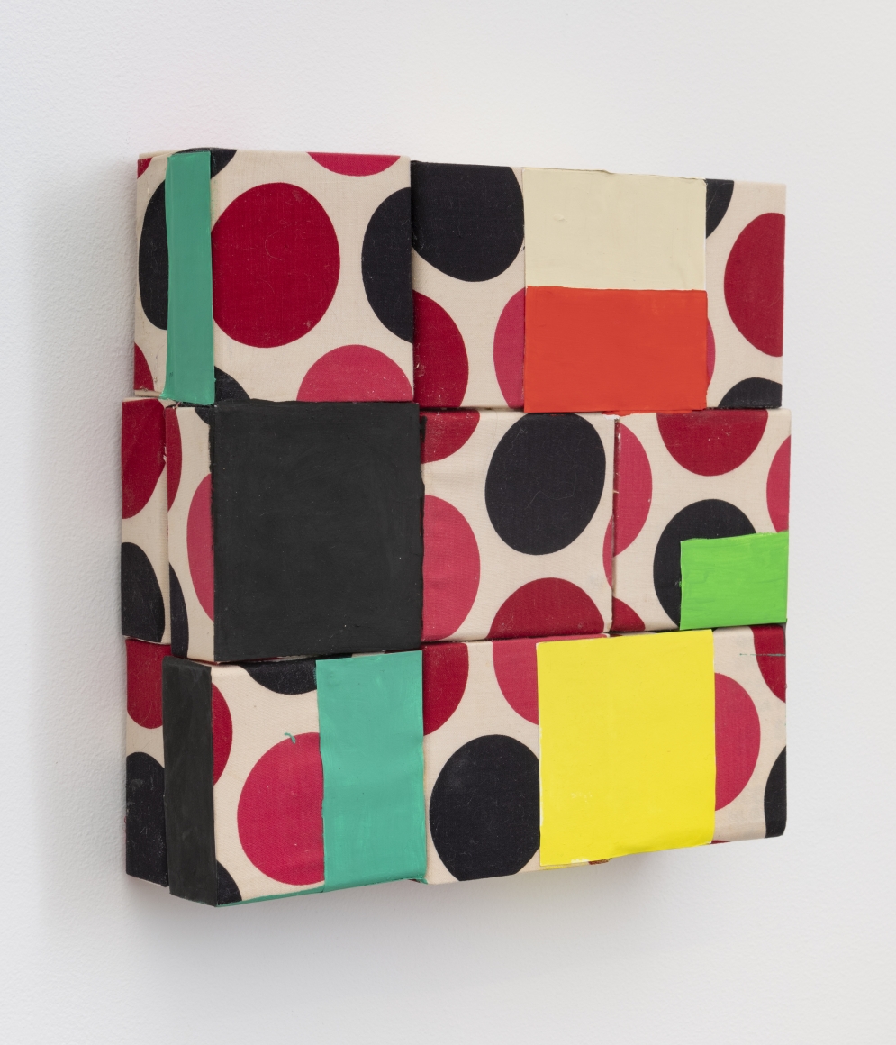 Dot, 2019, wooden blocks, fabric, paper, Flashe acrylic