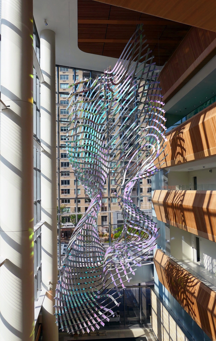 The Moon's Eyelid, 2018, welded aluminum frame, acrylic with dichroic lamination, stainless steel hardware