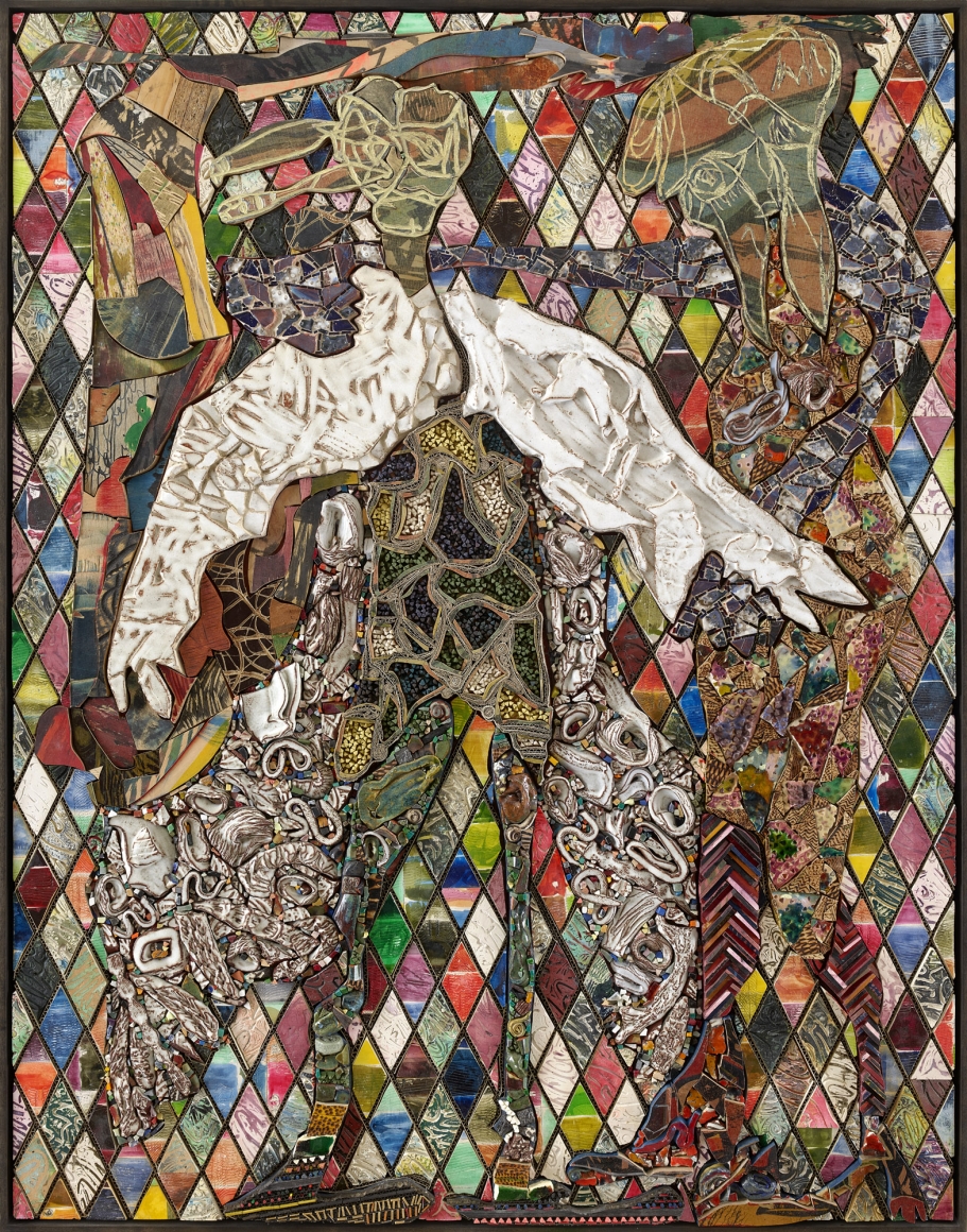 Oh England, My Lionheart, 2019, various kinds of treated wood, plaster, fired and glazed ceramic, colored glass, gold leaf, cardboard, paper, staples, glass rods, acrylic, canvas, stain, printing ink, porcelain, terra puzzolane, copper woodblock prints, on board 