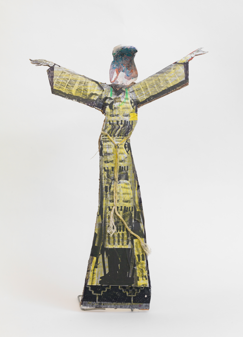 Standing Figure Used in Conductive Paper Plays, 2019, mixed media