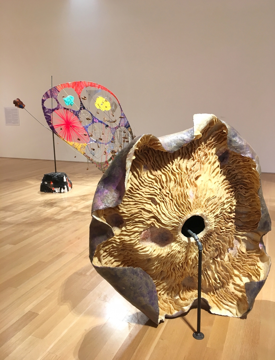 Self-Reflexive Narcissistic Supernova, 2013 (foreground), metal, yarn, thread, wire, plastic bags, plastic lace, papier-mâché, photos, screws, acrylic, modeling clay, wood, beeswax, dried mushrooms