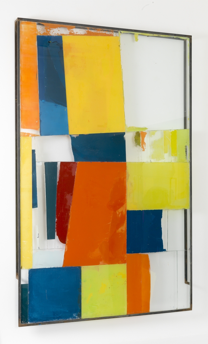 Verticle Horizon (Clown Scape), 2015, glass, steel, screen print ink, block printing ink, acrylic paint, and silicone 