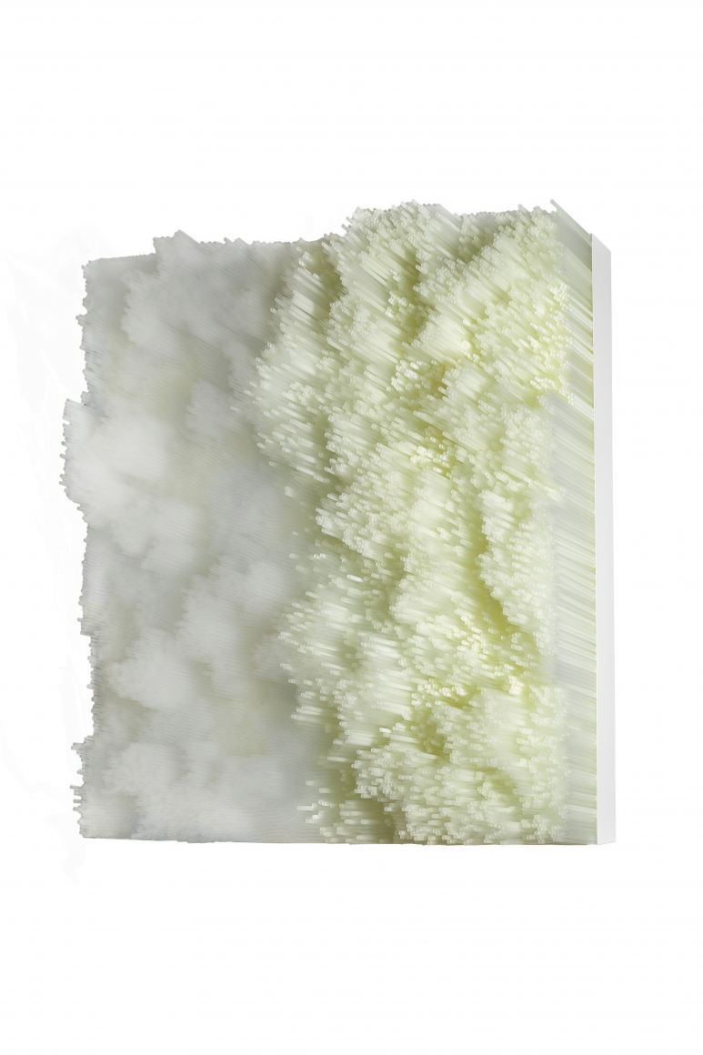 Francesca Pasquali, Transparent Straws, 2016, Transparent plastic drinking straws on wooden panel and metallic frame, 39 x 43 x 10 in, 