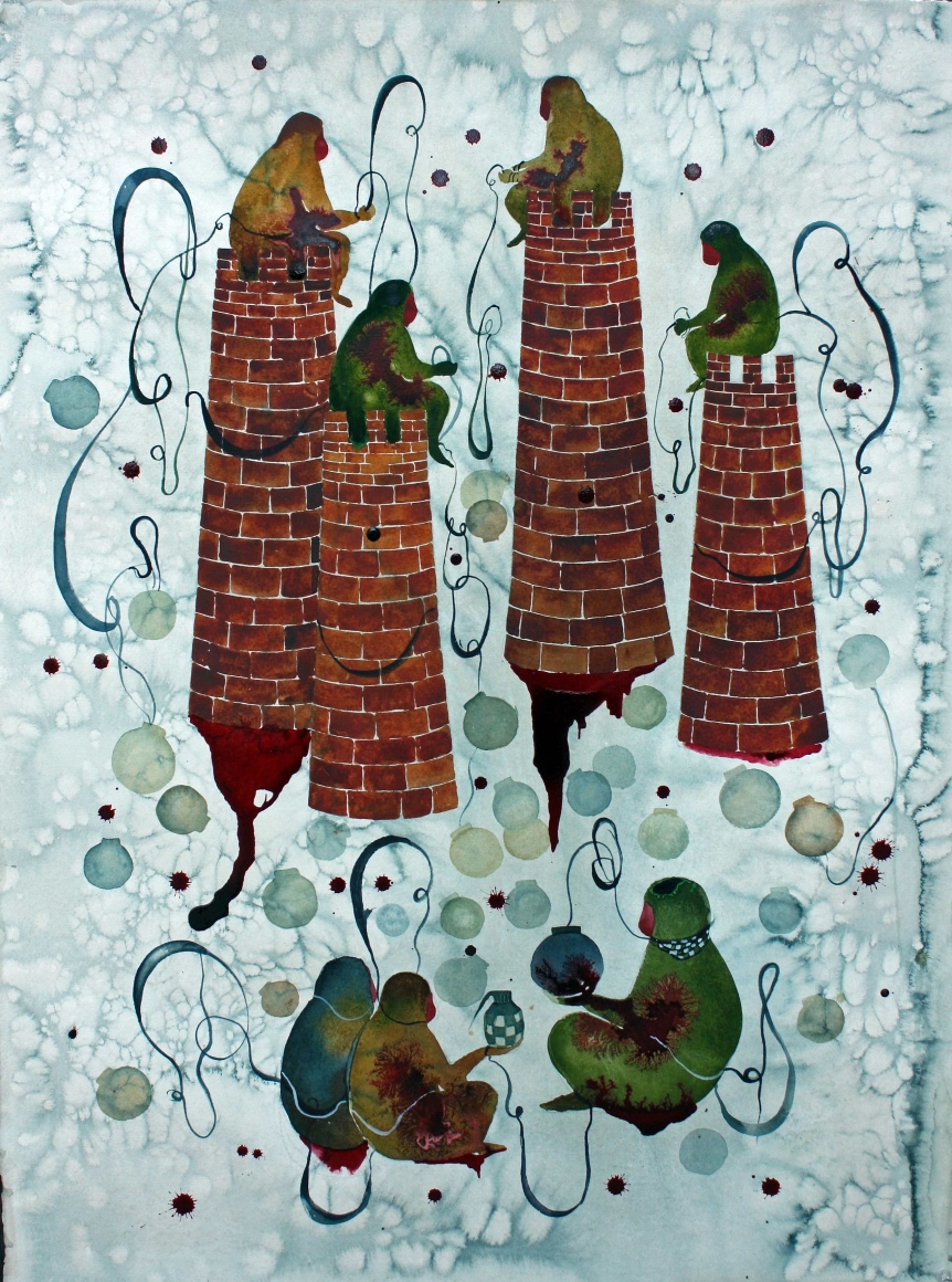 Shiva Ahmadi, Tower, 2017, Watercolor and ink on paper, 30 x 22 in