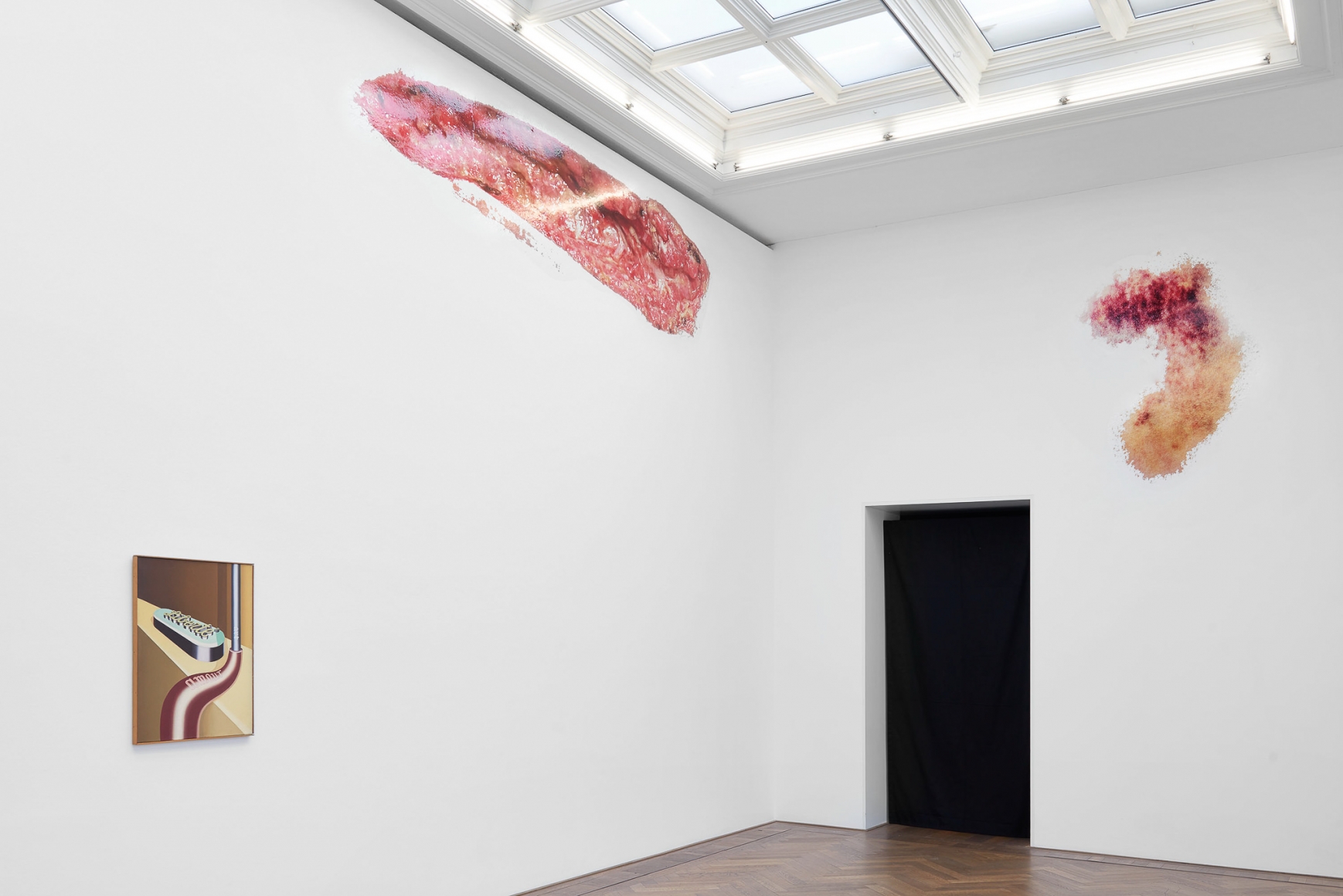 Installation view, Bizarre Silks, Private Imaginings and Narrative Facts, etc., an exhibition by Nick Mauss, view on (f.l.t.r.) Konrad Klapheck, Liberté, amour, art, 1964; Georgia Sagri, Open Wound, 2018; Georgia Sagri, Fresh Bruise, 2018, Kunsthalle Basel, 2020. Photo: Philipp Hänger / Kunsthalle Basel