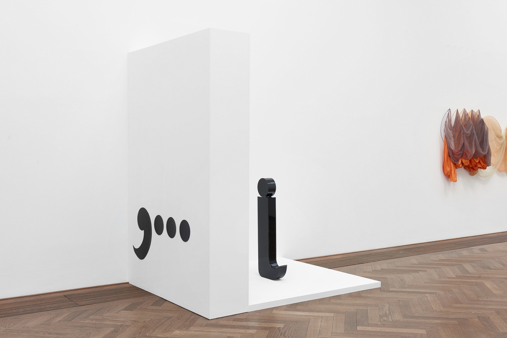 Installation view, Bizarre Silks, Private Imaginings and Narrative Facts, etc., an exhibition by Nick Mauss, view on (f.l.t.r.) Ketty La Rocca, Comma with 3 dots, 1970; Ketty La Rocca, J, 1970; Rosemary Mayer, Hypsipyle, 1973, Kunsthalle Basel, 2020. Photo: Philipp Hänger / Kunsthalle Basel