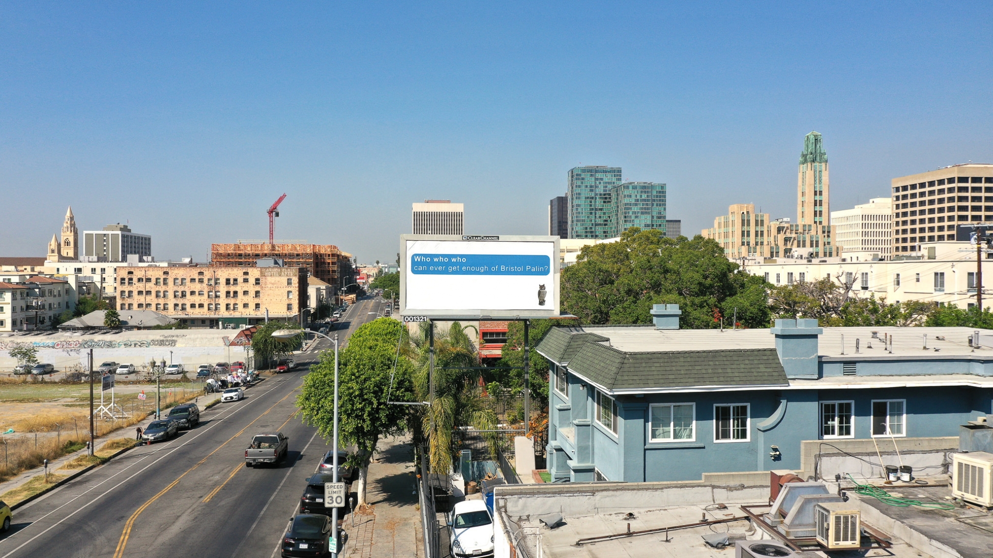 Larry Johnson, Bristol, 2020. Billboard at Hoover St. and W. Seventh St., Los Angeles 90005 (facing east). 144 × 288 in. (365.8 × 731.5 cm). Courtesy of the artist, David Kordansky Gallery, Los Angeles, and 303 Gallery, New York. Installation view, co-produced by The Billboard Creative for Made in L.A. 2020: a version. Photo: Joshua White / JWPictures.com