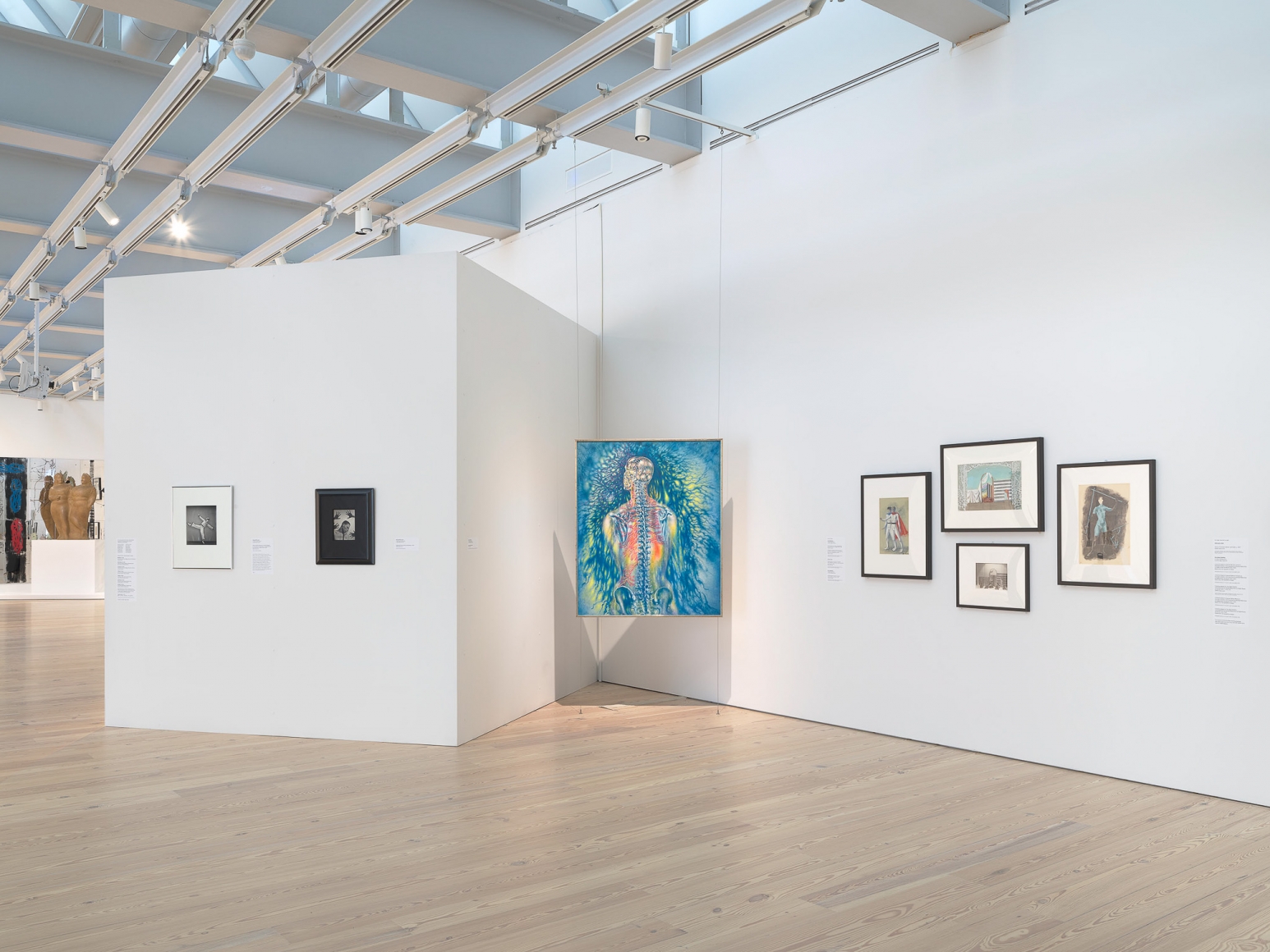 Installation view of Nick Mauss: Transmissions, Whitney Museum of American Art, New York, 3/16 - 5/14/2018, Left to right: Nick Mauss, Images in Mind, 2018; George Platt Lynes, Dancer Jacques D’Amboise in a costume designed by Paul Cadmus for Filling Station, choreographed by Lew Christensen for Ballet Caravan, 1938; George Platt Lynes, Cabaret Performer James Leslie Daniels, c. 1937; Pavel Tchelitchew, Anatomical Painting, 1946; Pavel Tchelitchew, Costume designs for Variations on Euclid, (premiered as Expanding Universe), choreographed by Ruth Page for XX, c. 1946-48; Pavel Tchelitchew, Set design by Pavel Tchetlichew for Nobilissima Visione (also known as St. Francis), choreographed by Leonide Massine for Ballets Russe de Monte Carlo, c. 1938; Pavel Tchelitchew, Window display for shoes after set design by Pavel Tchelitchew for Nobilissima Visione (also known as St. Francis); Pavel Tchelitchew, Costume design for Variations on Euclid, choreographed by Ruth Page for XX, c. 1932. Photograph by Ron Amstutz. Digital image © Whitney Museum of American Art, New York