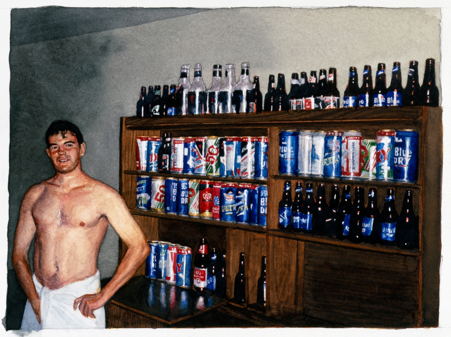 Tim Gardner, Untitled (Nick in Towel with Cans & Bottle, Montreal), 2000