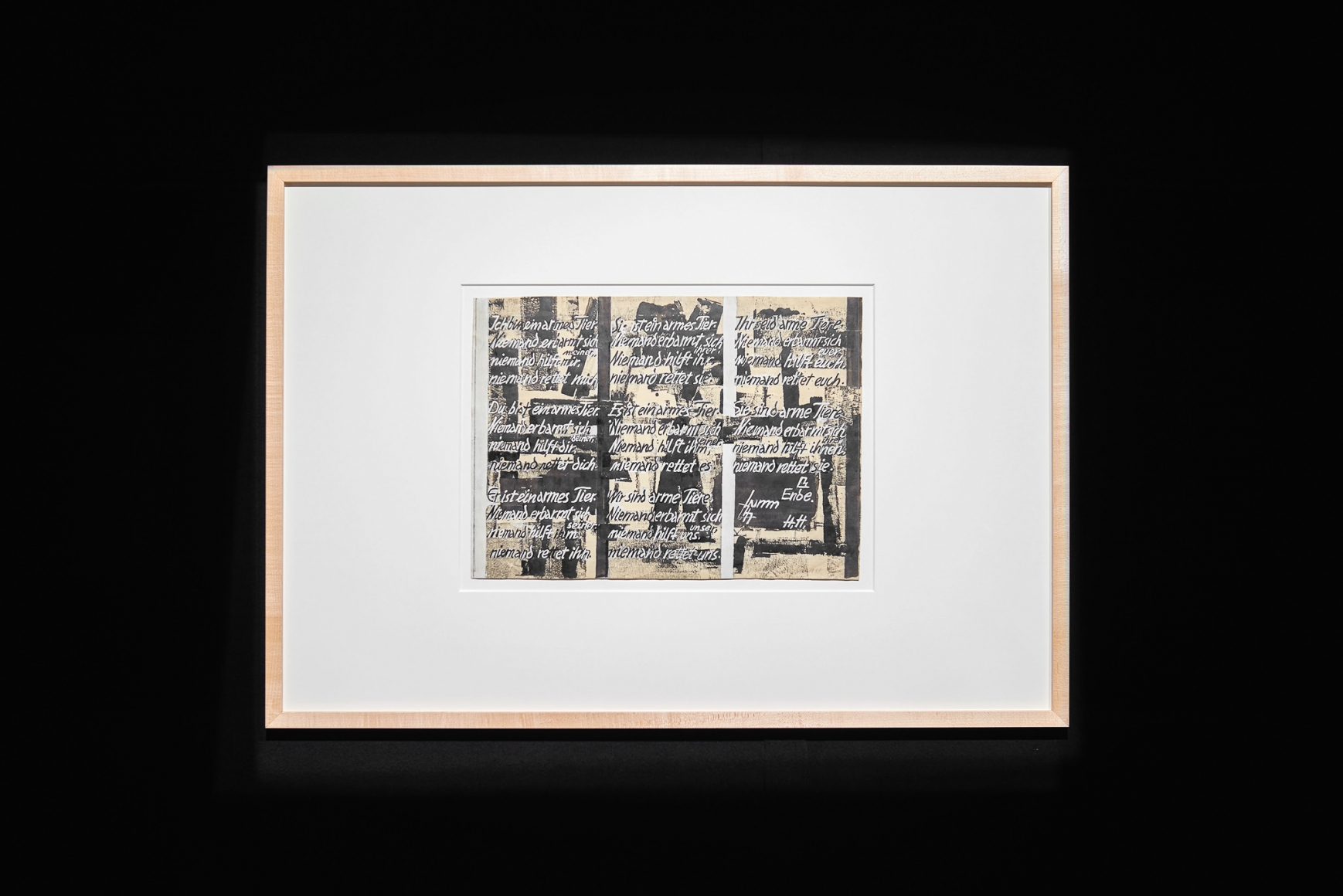 Installation view, Bizarre Silks, Private Imaginings and Narrative Facts, etc., an exhibition by Nick Mauss, view on Hannah Höch, Ich bin ein armes Tier, 1959, Kunsthalle Basel, 2020. Photo: Philipp Hänger / Kunsthalle Basel