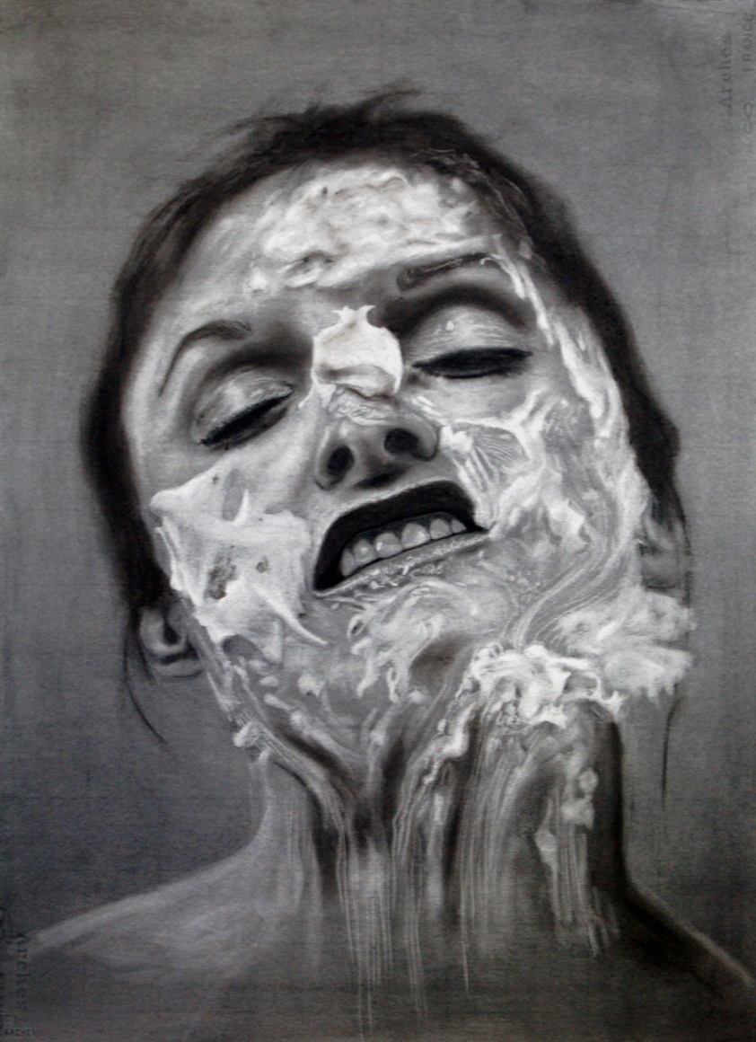 Kelli Vance Self Portrait With Cake, 2012 eraser on charcoal toned paper frame: 35 x 28 inches $1,600