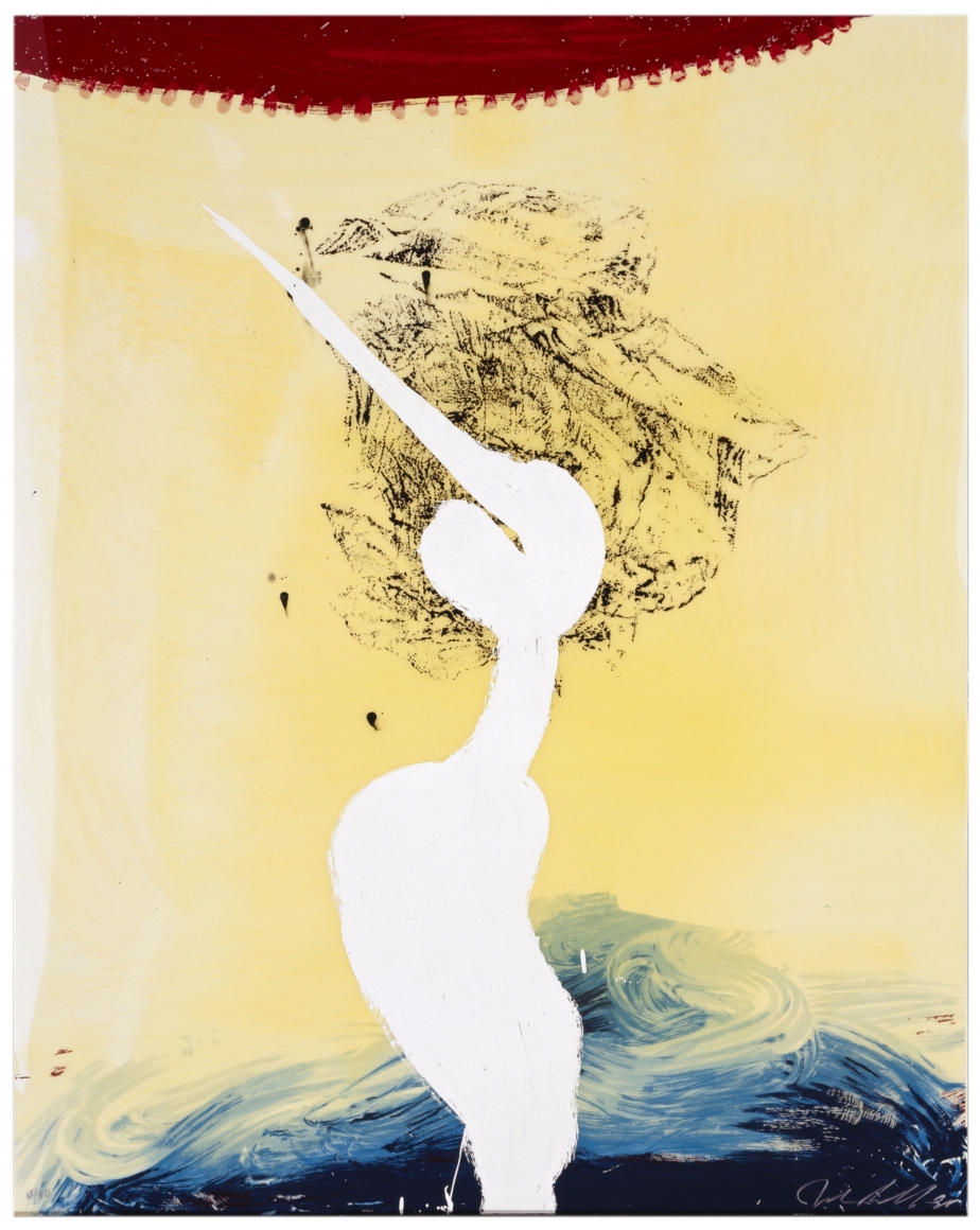 Julian Schnabel View of Dawn in the Tropics - Bandini "his foe pursued", 1998 hand-painted 17-color screenprint with poured resin 45 x 36 in. (114.3 x 91.4 cm) edition of 90 Publisher: Lococo Fine Art Publisher $6,500