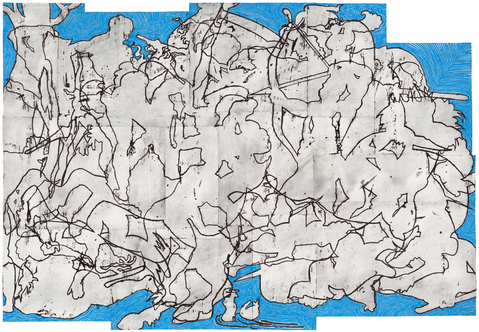 BO JOSEPH (b.1969 Berkeley, CA) Fog and Friction, 2019 oil pastel, acrylic and tempera on joined paper paper: 55 7/8 x 80 3/8 inches frame: 61 5/8 x 86 3/8 x 2 ½ inches