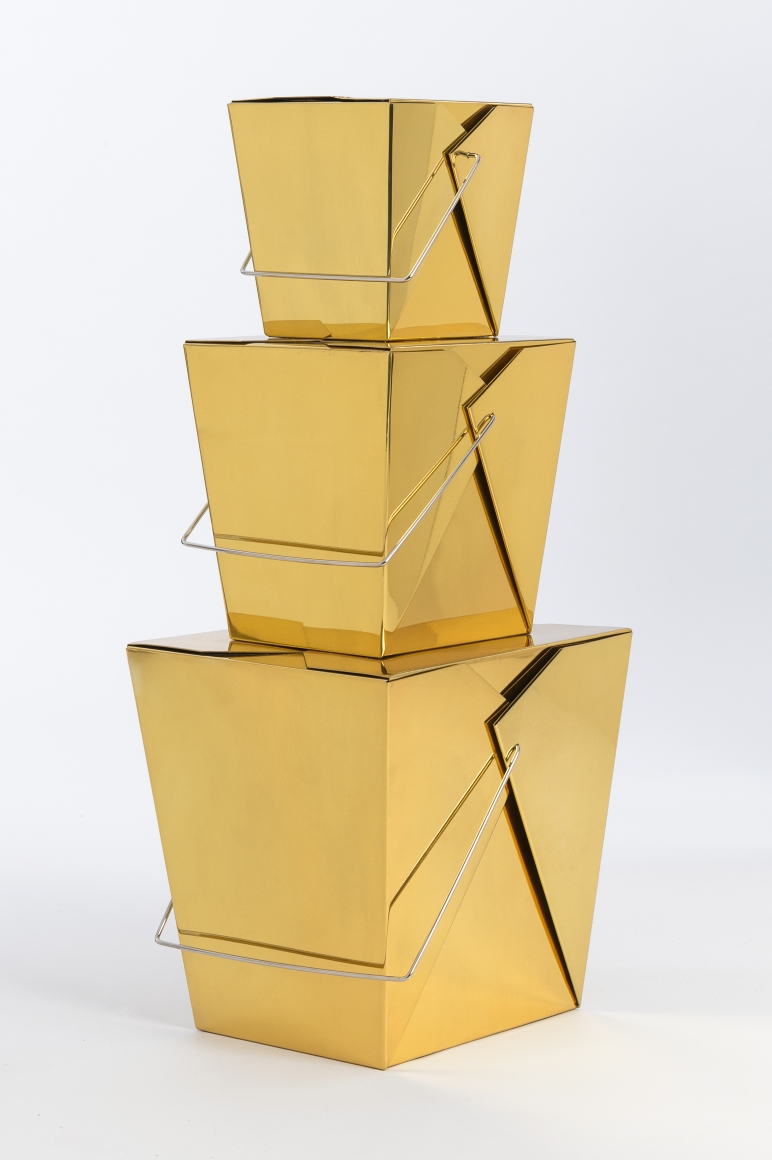 Jonathan Seliger Golden Pavilion, 2012 gold plated polished bronze, lacquer and nickel plated bronze rod 32 x 16 x 13 inches Houston Airport System Art Collection