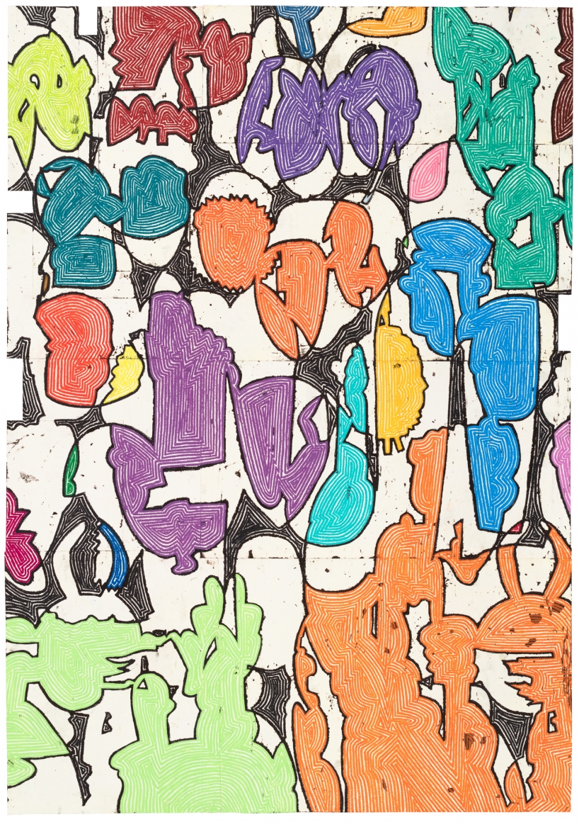BO JOSEPH (b.1969 Berkley, CA) Syncretizing Cryptic Signs, 2019 oil pastel, acrylic and tempera on joined paper 59 5/8 x 42 1/8 inches