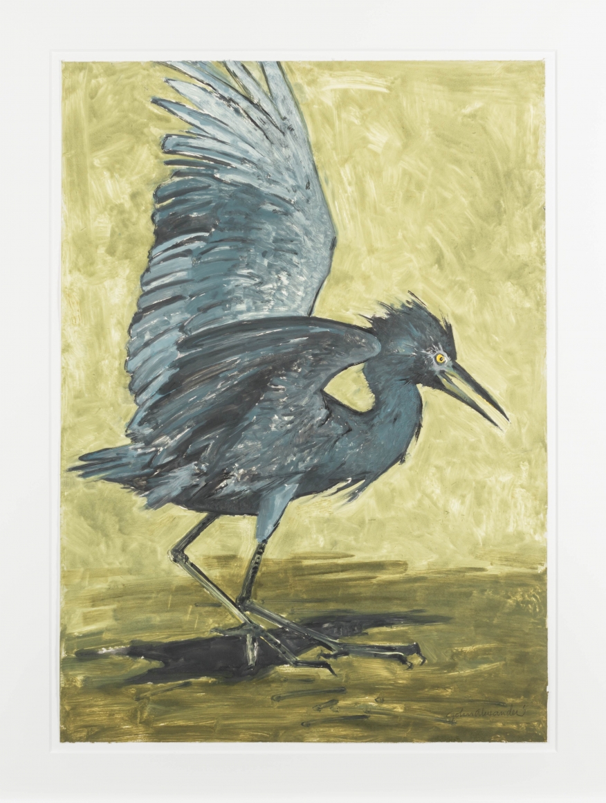 John Alexander Baby Blue Heron with Gold Background, 2012 monotype from steel and aluminum plates with hand-coloring paper: 35 1/4 x 25 1/4 inches frame: 43 1/2 x 33 inches