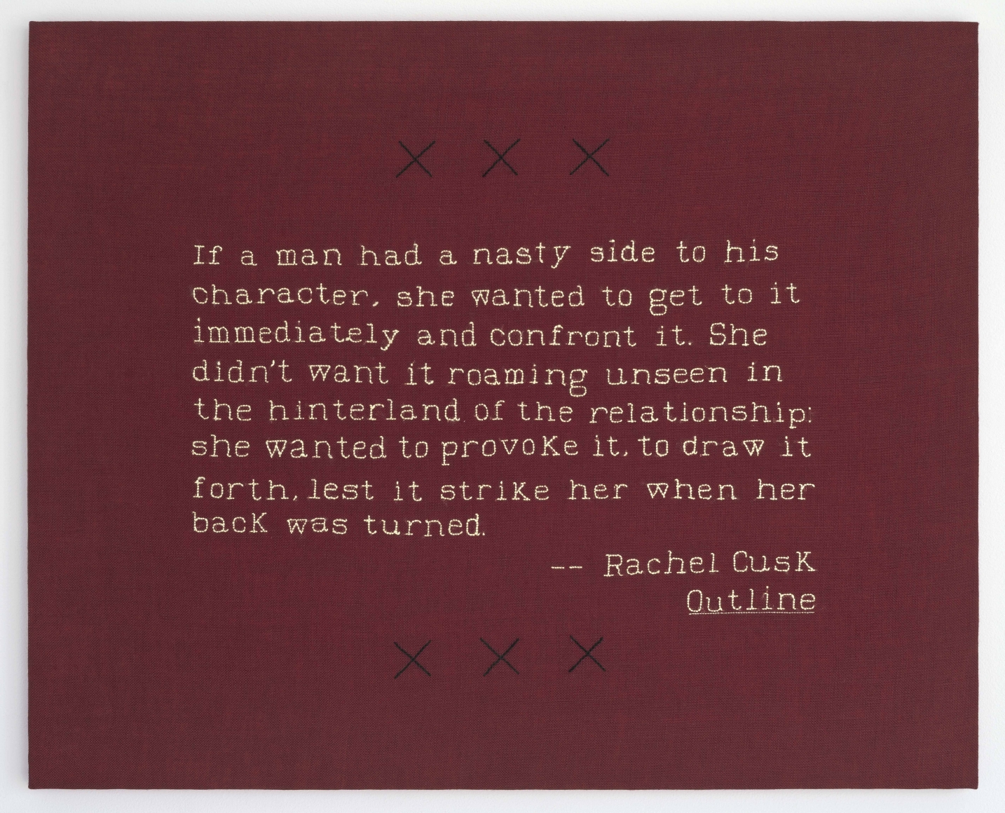 ELAINE REICHEK (b.1943 Brooklyn, NY) Nasty Side (Rachel Cusk), 2019 hand embroidery on linen 21 x 26 inches